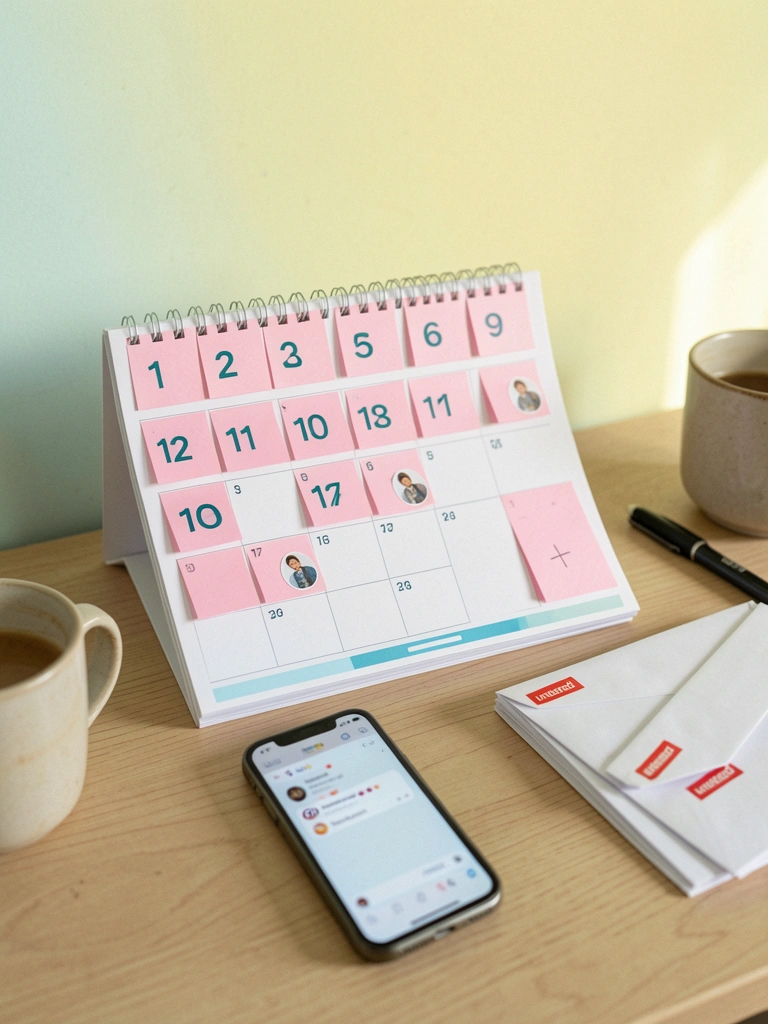 Mesa com calendário marcado, e-mails abertos e papéis espalhados