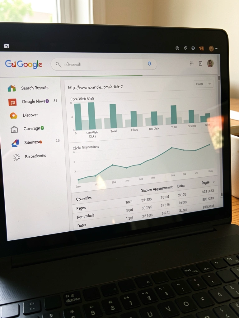 Dashboard do Google Search Console com gráficos de desempenho e métricas de pesquisa.
