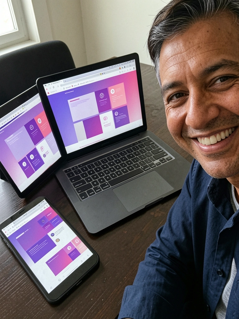 Trio de dispositivos com telas exibindo páginas de mesmo estilo visual