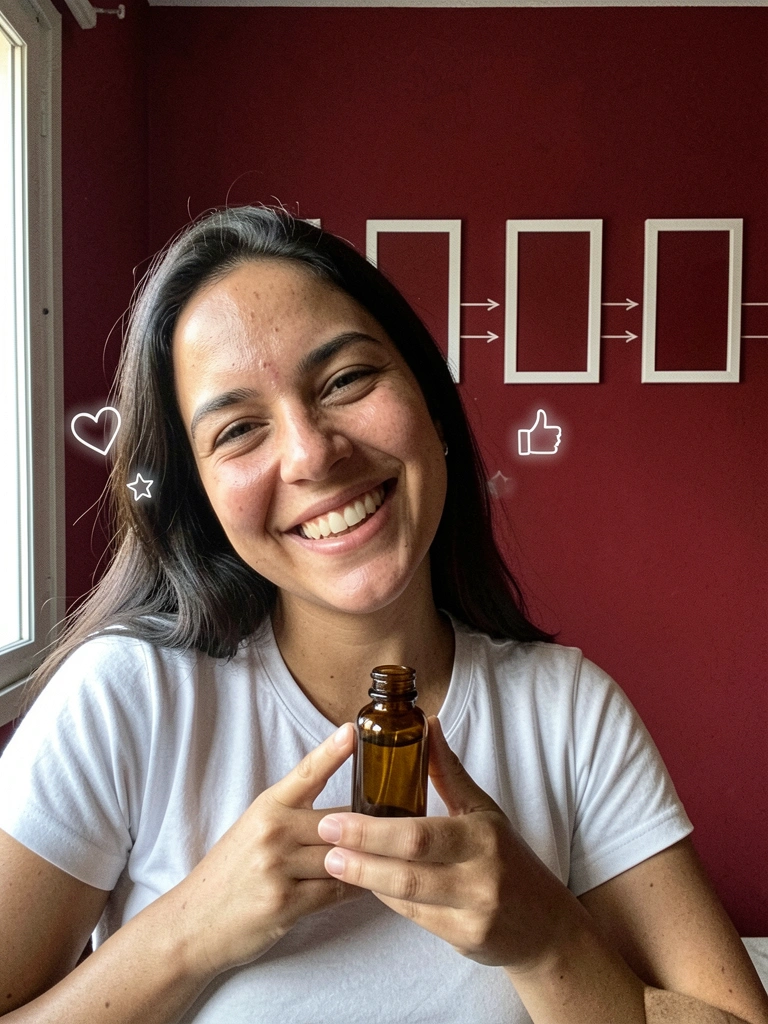 Pessoa sorridente segurando produto, com ícones de preferência ao redor