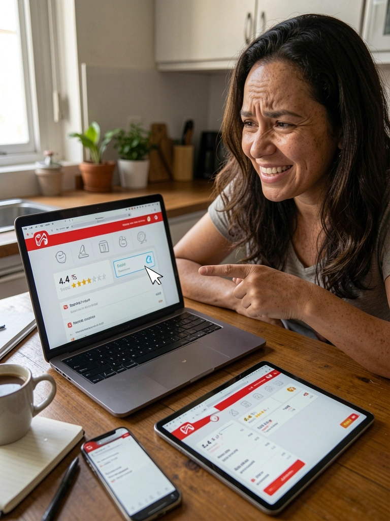 Pessoa em frente a um laptop e um celular exibindo diferentes páginas do portal iFood, com expressão de dúvida.