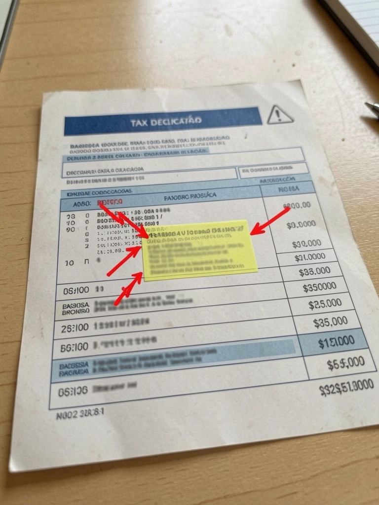 Mesa de trabalho com documentos, calculadora e caneta sobre a mesa, luz natural vinda de uma janela ao fundo.