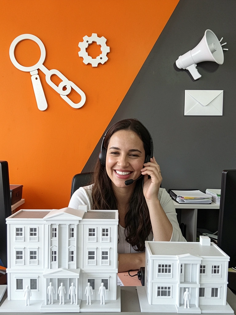 Vendedor ao telefone em mesa de trabalho com computador e headset em central de vendas.