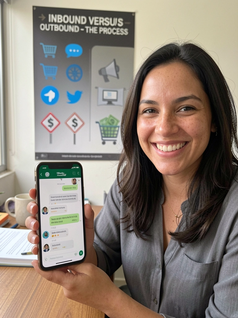 Pessoa sorridente segurando smartphone e digitando resposta no WhatsApp