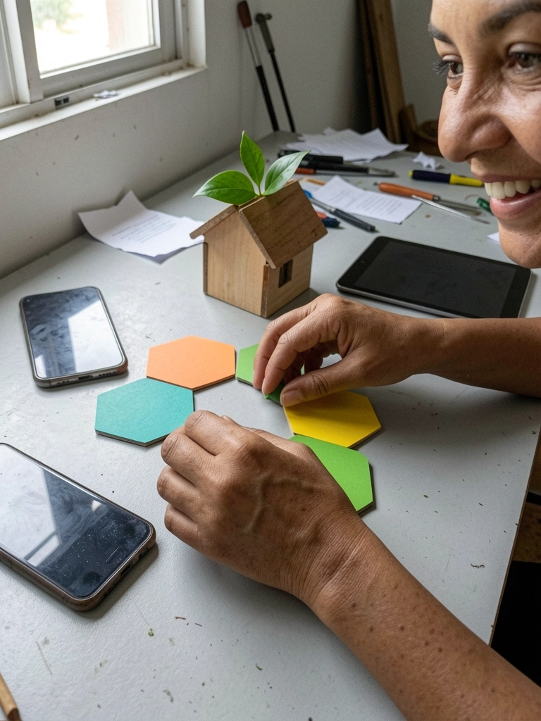 Mãos entrelaçando objetos simples e improvisados sobre uma bancada de madeira