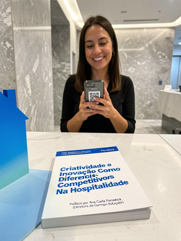 Hóspede em recepção de hotel futurista usando smartphone para check-in
