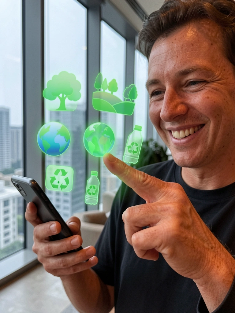 Hóspede sorridente segurando celular em lobby de hotel com design contemporâneo