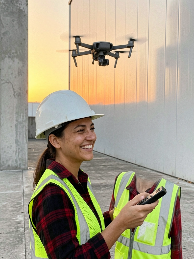 Drone pairando diante da fachada de um edifício alto, com a câmera voltada para a estrutura.