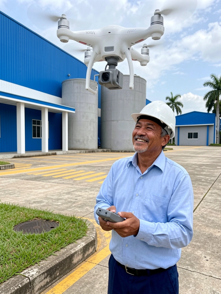 Drone equipado com câmera térmica e sensor LiDAR pairando sobre um campo aberto.