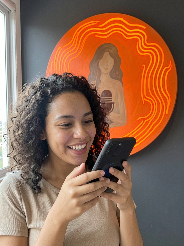 Pessoa segurando smartphone e falando com assistente virtual, fundo com elementos tecnológicos desfocados
