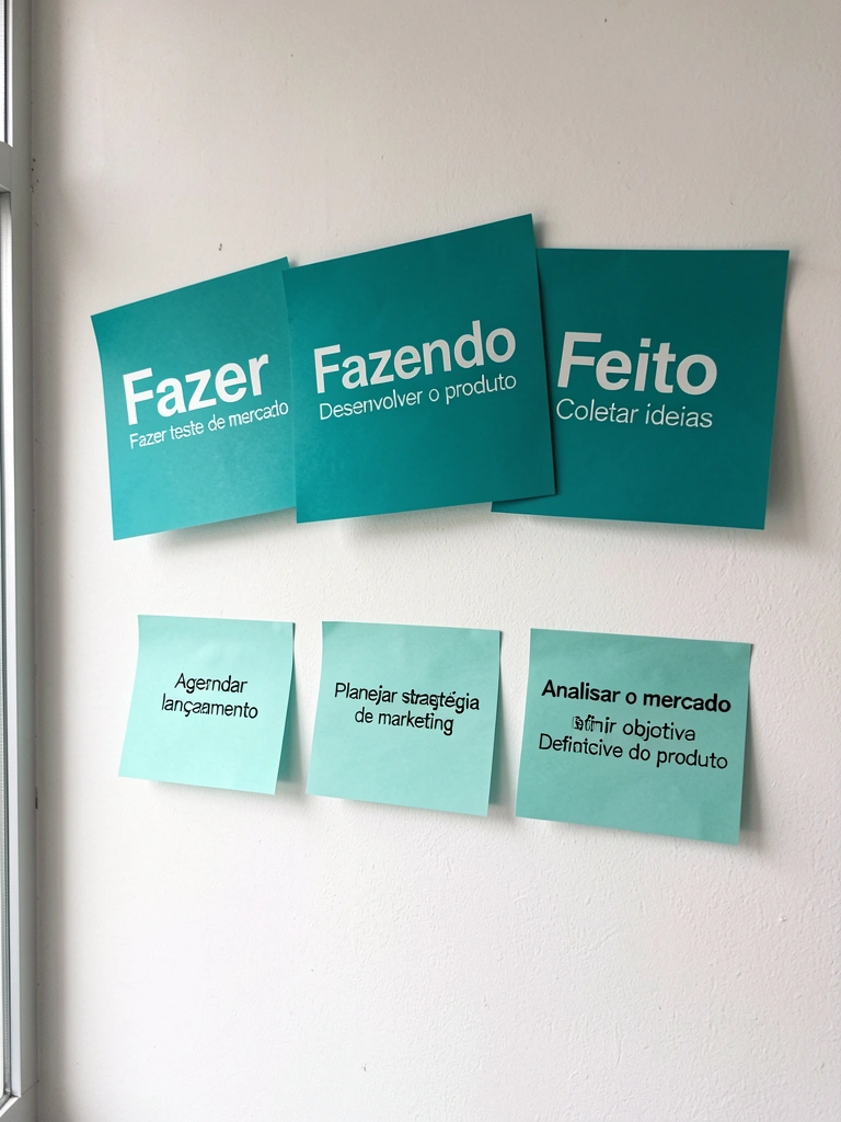 Quadro kanban com colunas coloridas e cartões de tarefas em um escritório moderno.