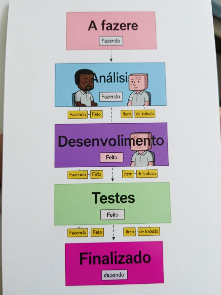 Quadro kanban com cartões coloridos e notas adesivas em parede clara