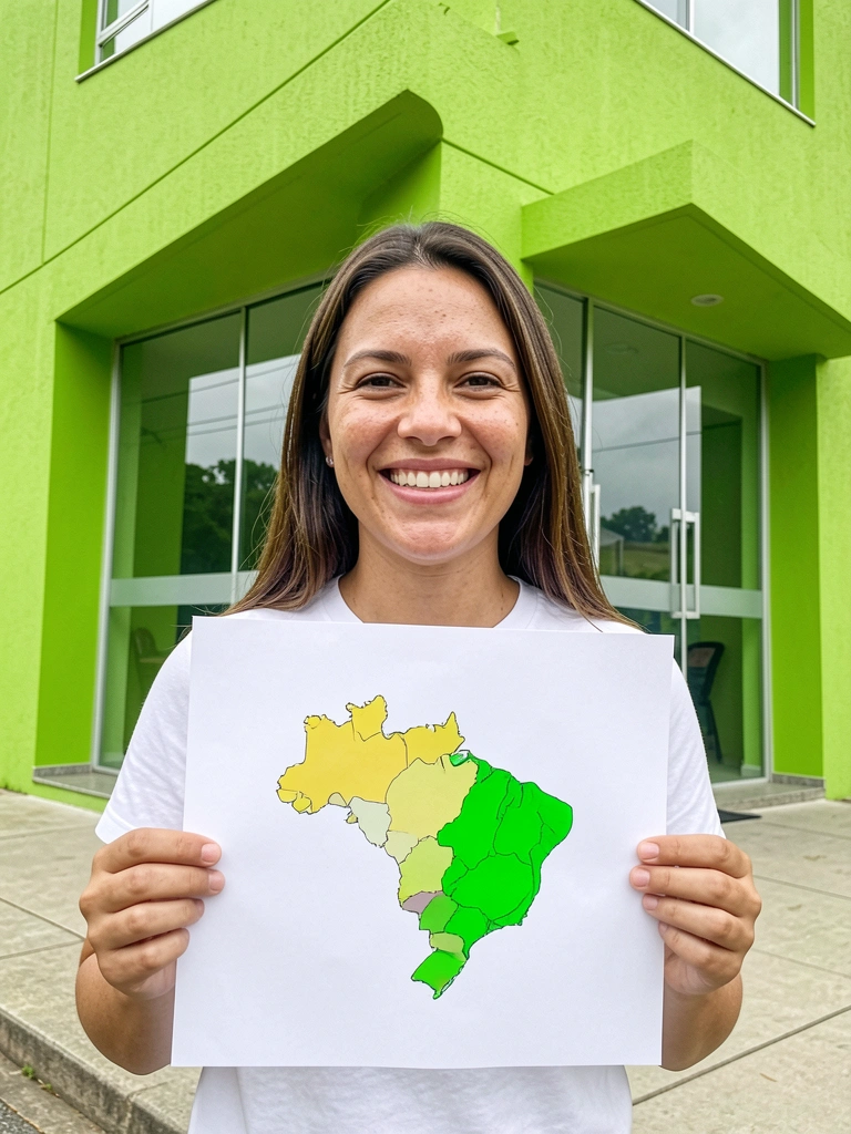 Mapa do Brasil com Santa Catarina destacada e ilustração de prédio corporativo ao lado