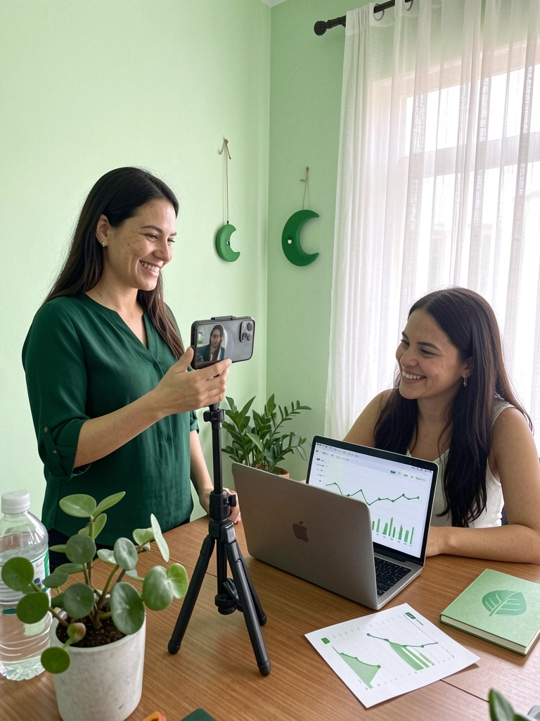 Instrutor filmando um curso enquanto uma pessoa analisa gráficos de vendas em um notebook