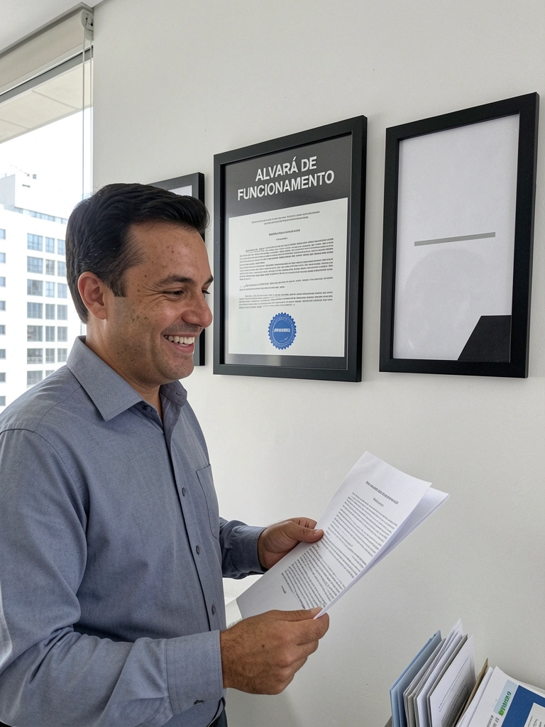 Empresário em pé segurando documentos, com prédio de escritórios ao fundo