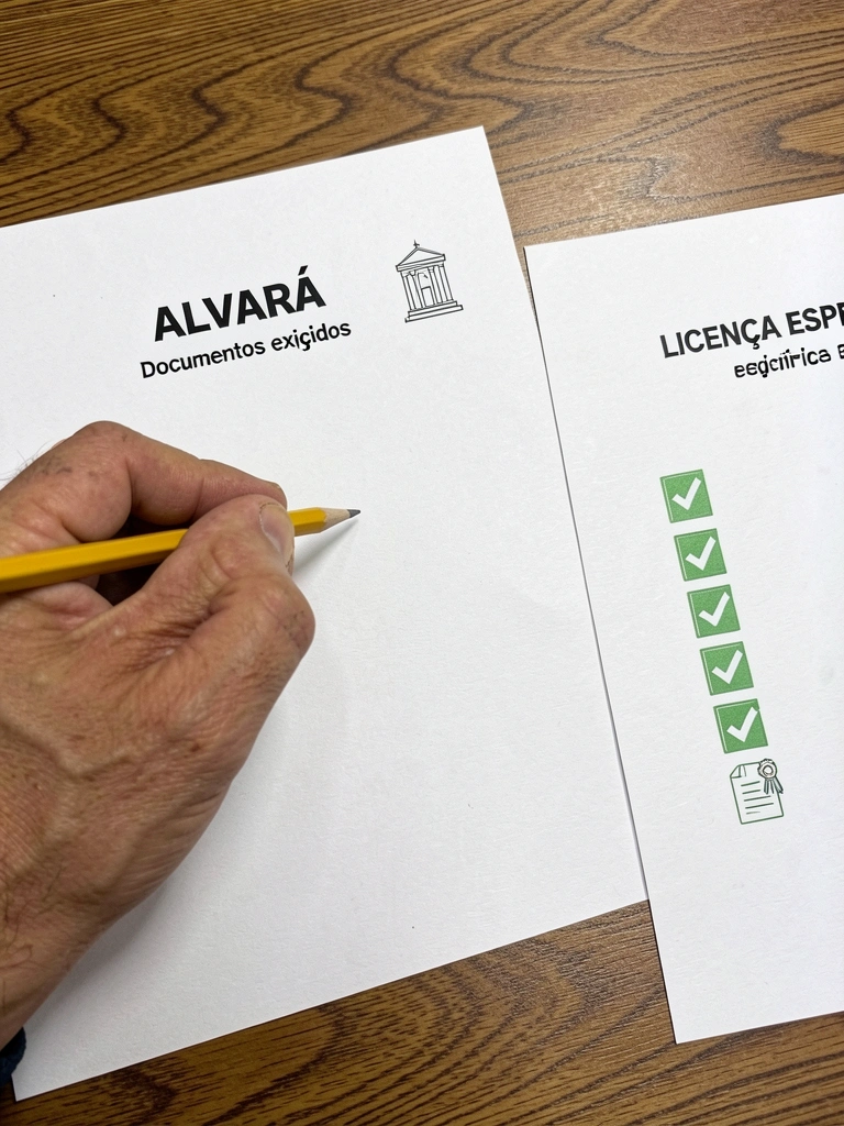 Comparação lado a lado entre um alvará municipal e uma licença específica, com ícones representativos.