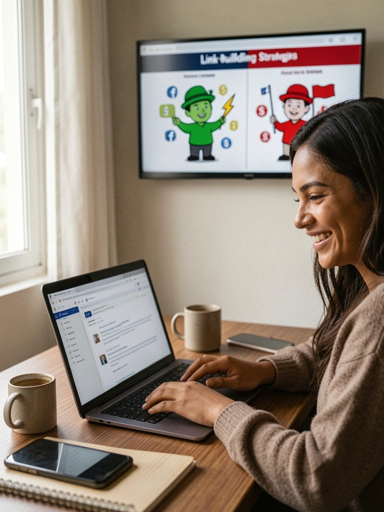 Pessoa digitando em laptop com tela de e-mail e smartphone ao lado