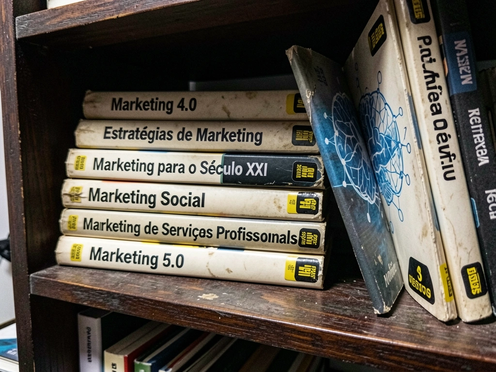 Pilha de livros sobre marketing e vendas sobre uma mesa de madeira, com capas coloridas e uma caneca de café ao lado.