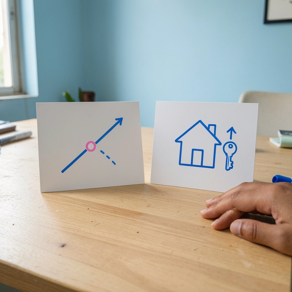 Duas placas retangulares lado a lado, uma com gráficos de marketing e outra com tabelas de crédito imobiliário