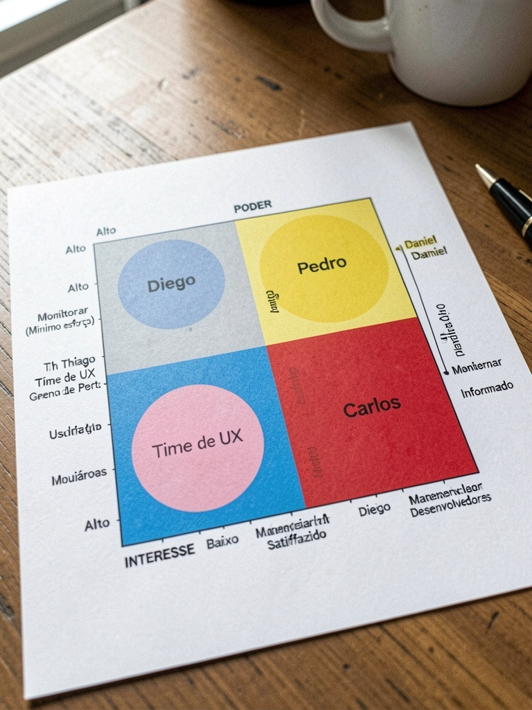 Gráfico 2x2 com eixos poder e interesse, stakeholders distribuídos nos quadrantes.