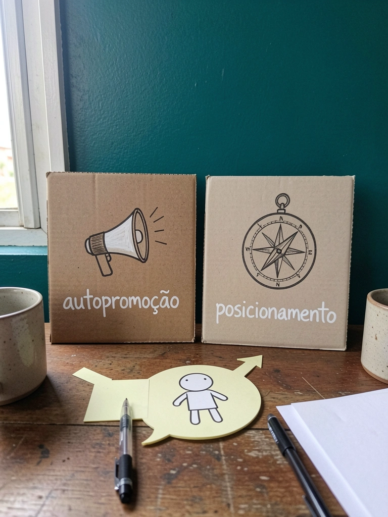 Placa com megafone rotulada 'autopromoção' ao lado de placa com bússola rotulada 'posicionamento'