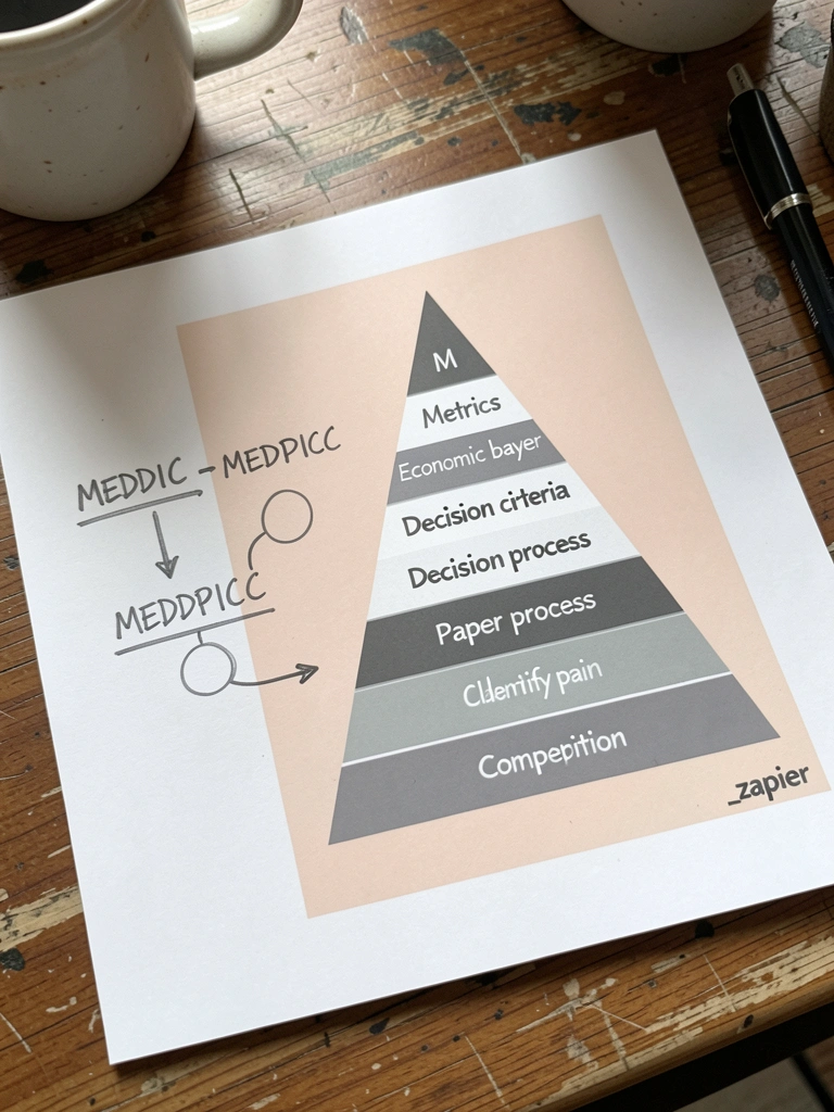 Linha do tempo ilustrando a evolução de MEDDIC para MEDDPICC, com marcos e datas em ordem cronológica.