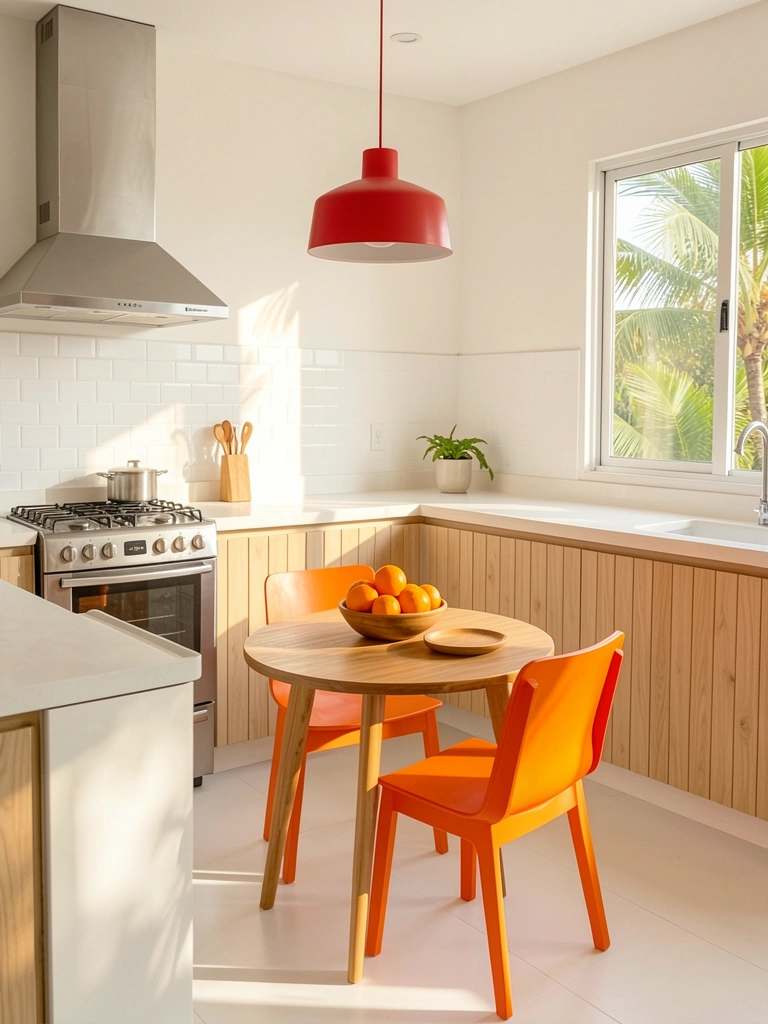 Fogão de aço inoxidável com bancada branca, backsplash de metrô e mesa redonda de madeira clara com cadeira laranja.
