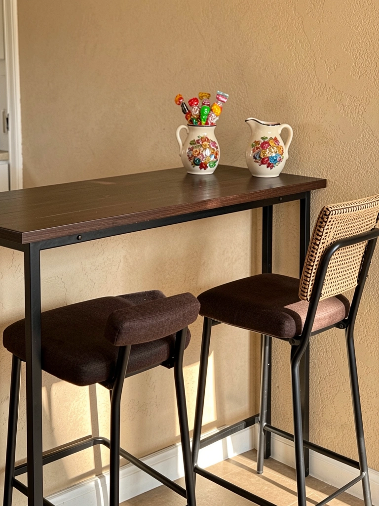 Bancada de madeira escura com banquetas estofadas marrons e jarro cerâmico com doces.