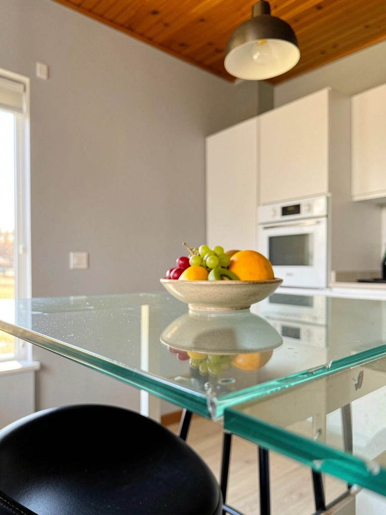 Mesa de vidro claro com borda lascada, tigela cerâmica com frutas e pendente moderno sobre cozinha clara.