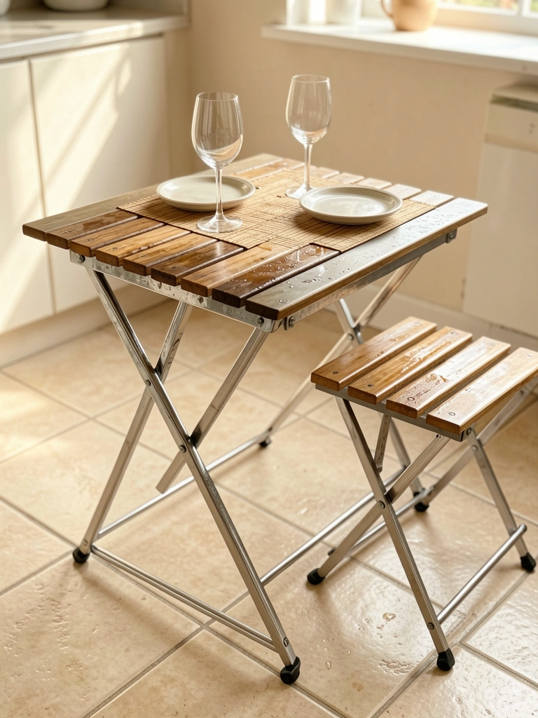 Mesa dobrável de metal cromado com tampos de madeira, piso de cerâmica clara e luz natural.