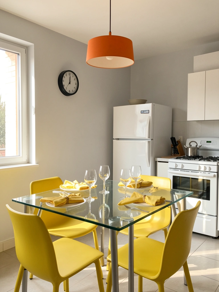 Mesa de vidro com cadeiras amarelas, pendente laranja e luz natural em cozinha minimalista.