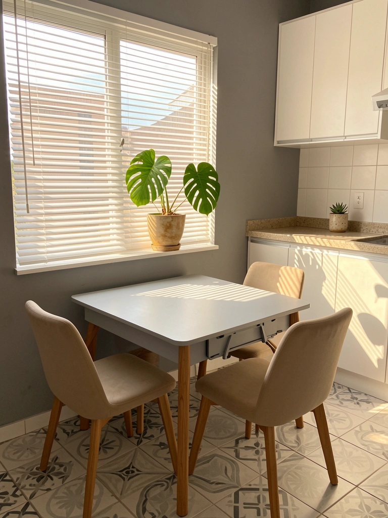 Mesa retrátil cinza claro com pés de madeira, quatro cadeiras bege estofadas e luz natural entrando por janela com persianas.