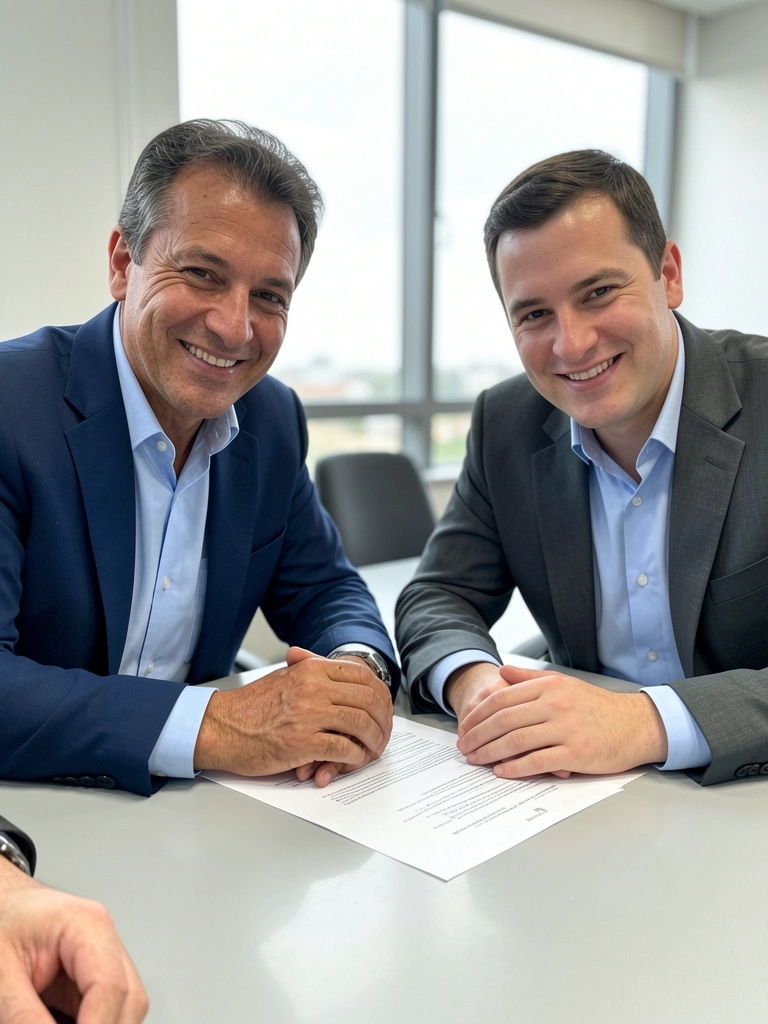 Comprador em reunião com executivos de fábrica, todos sentados ao redor de uma mesa com documentos e laptops.