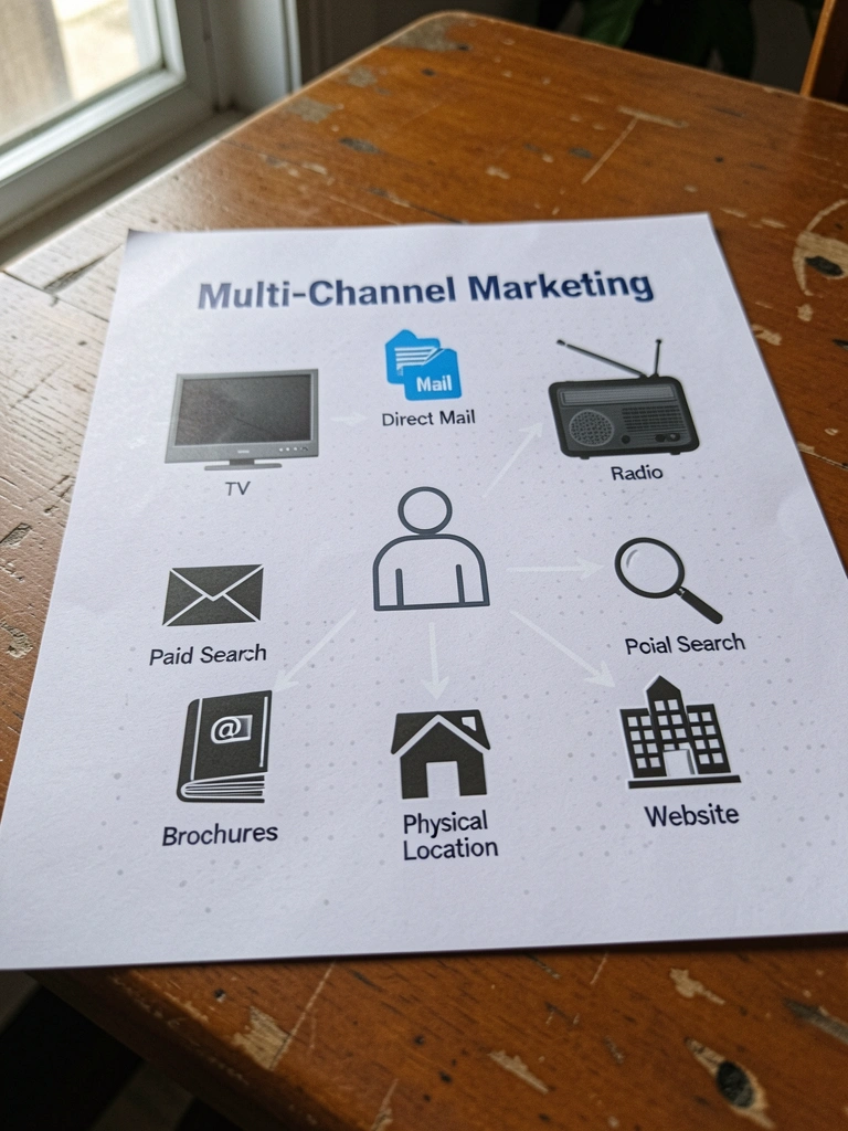 Diagrama com consumidor no centro e canais de marketing ao redor