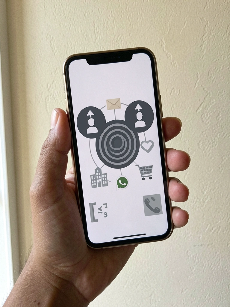 Ícones de e-mail, WhatsApp e redes sociais conectados a um alvo central