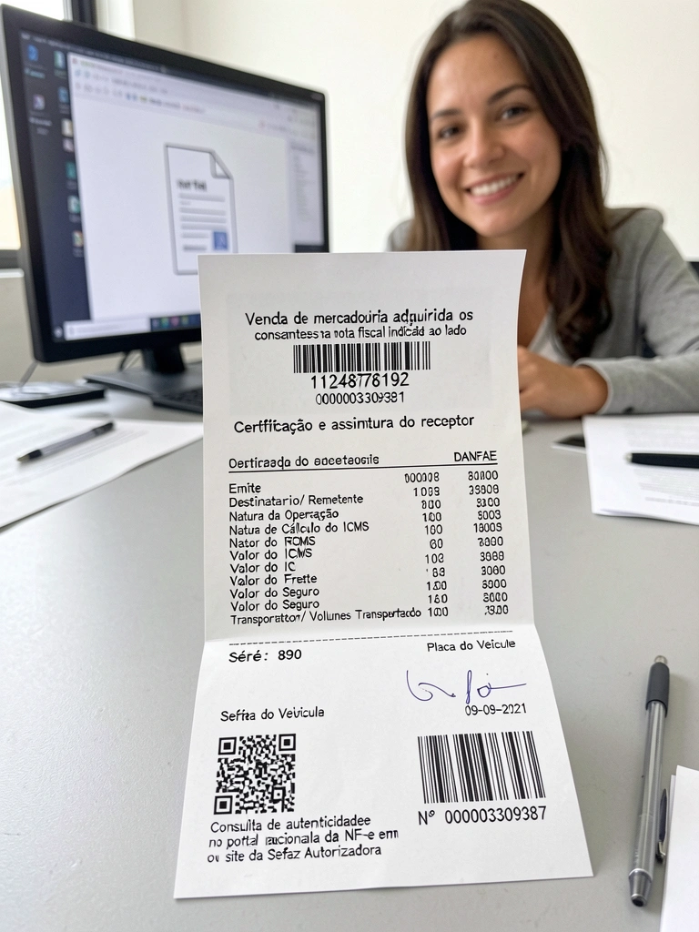 Empreendedor de camisa social digitando em notebook, com ícone de nota fiscal ao lado