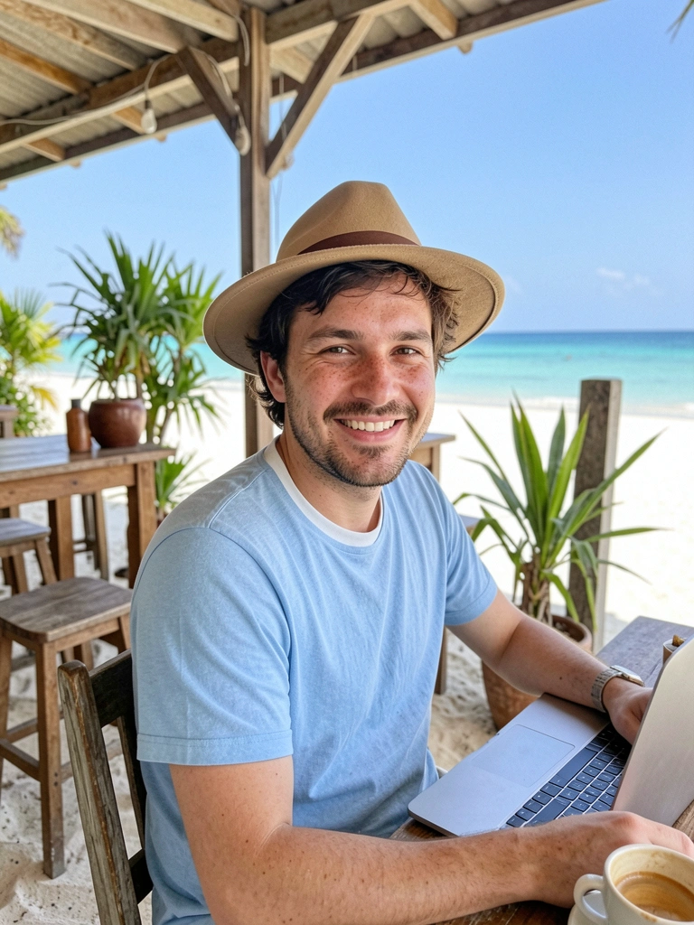 Pessoa com laptop em mesa de café à beira-mar, vista para o mar e coqueiros