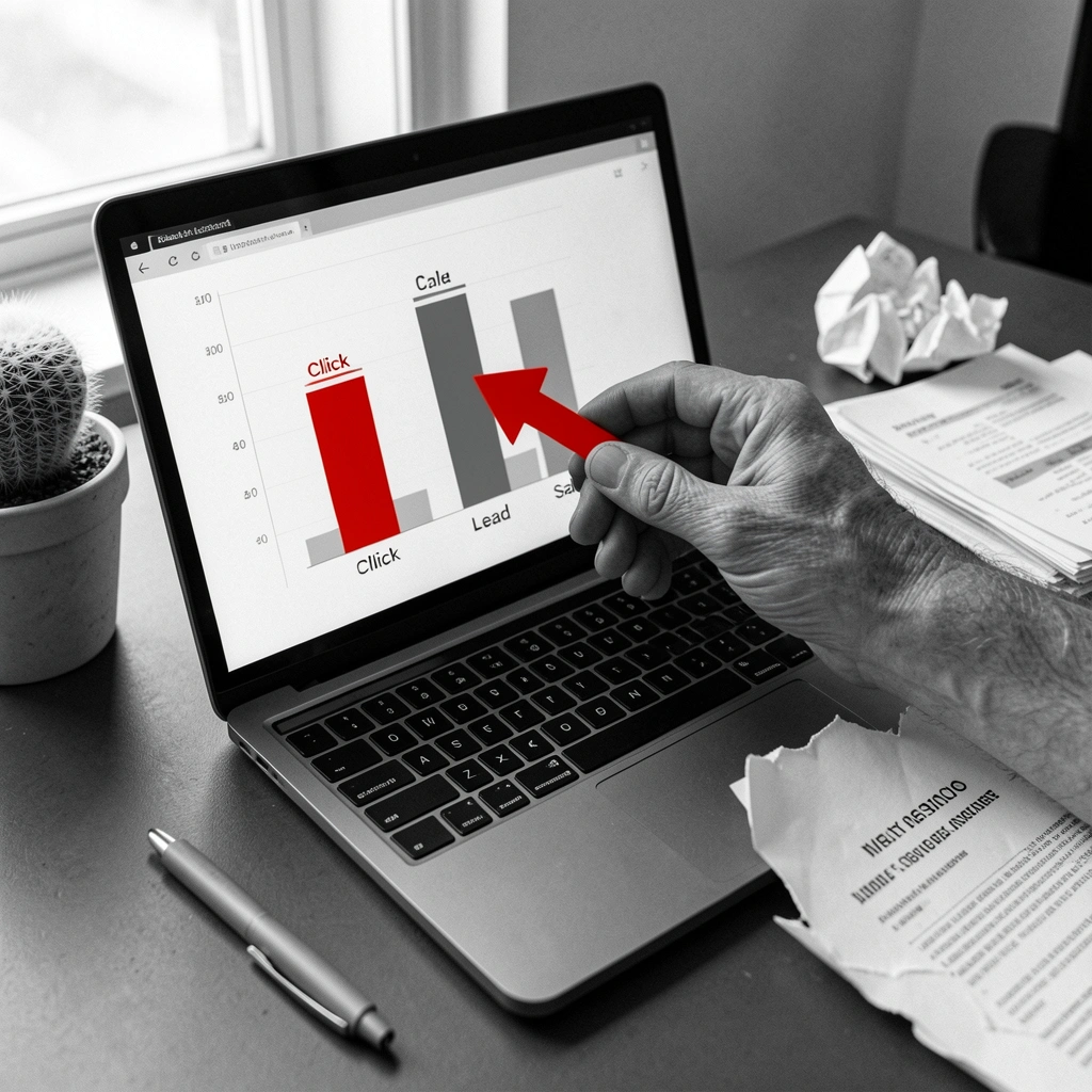 Infográfico com fluxo de clique, lead e venda em marketing de performance.