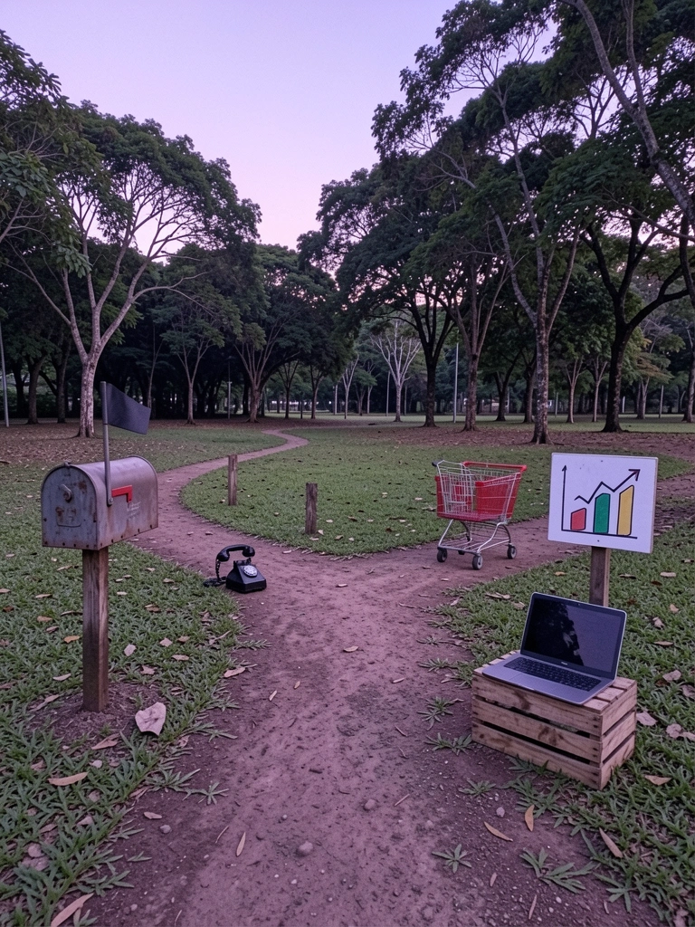 Cruzamento de dois caminhos com ícones de métricas e ação
