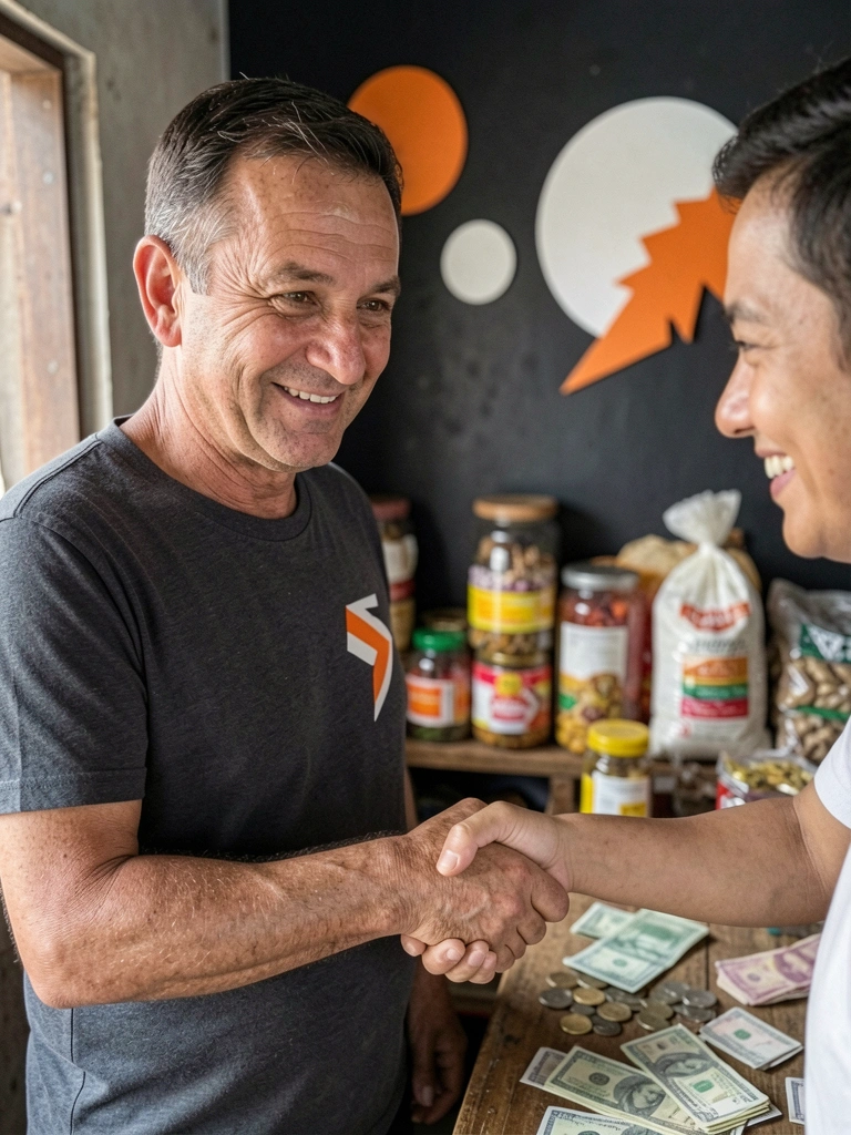 Aperto de mãos entre vendedor e comprador, com produtos e dinheiro ao fundo.