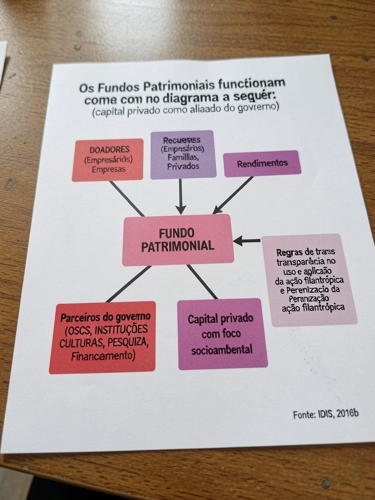 Infográfico com diagrama de fluxo explicando o conceito de fundo patrimonial, com ícones e setas sobre fundo claro.