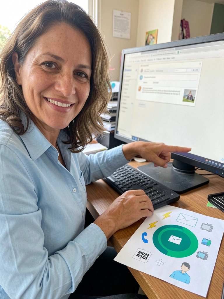 Vendedor digitando em notebook com tela de CRM e e-mail personalizado aberto, em escritório moderno.