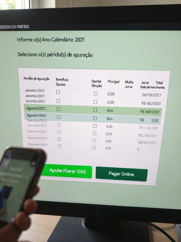 Mesa de escritório com notebook, calculadora e celular exibindo tela de pagamento do MEI.