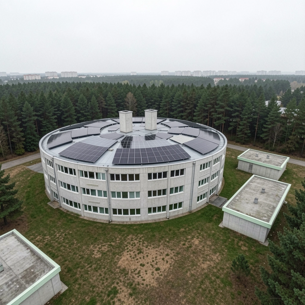 Vista aérea de um parque tecnológico com prédios modernos e áreas verdes