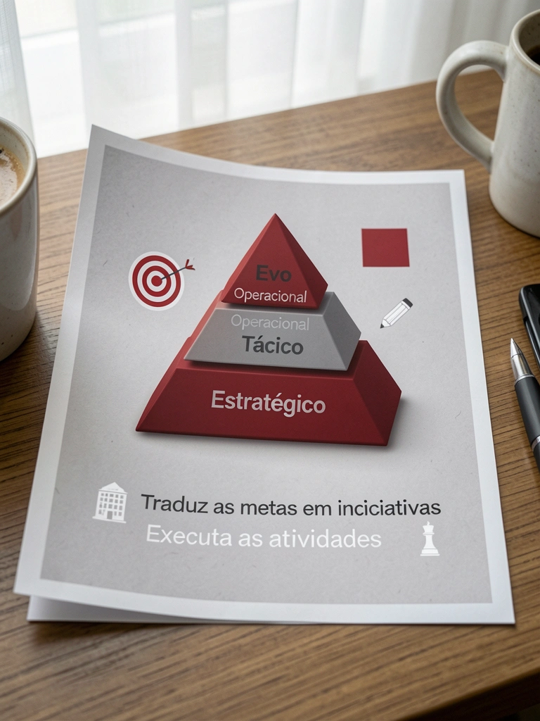 Mesa de trabalho com documentos, gráficos e um tablet exibindo cronograma, sob luz natural.