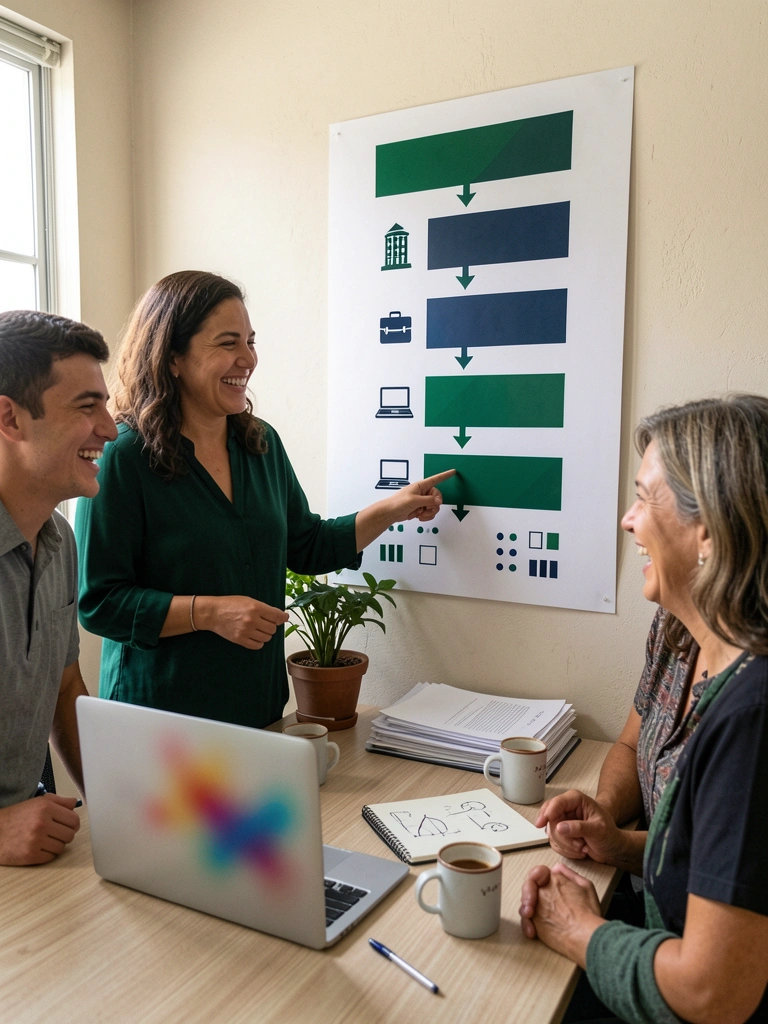 Mulher empreendedora em reunião com sua equipe, revisando metas em um quadro branco em um escritório moderno.
