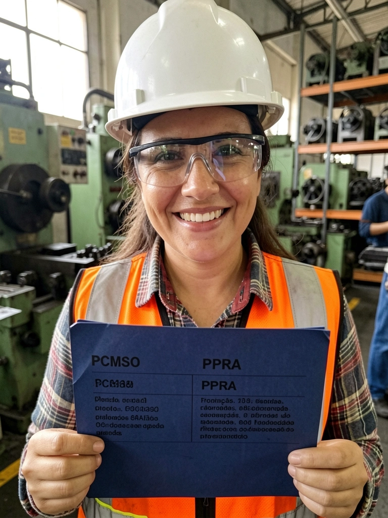 Engenheiro de segurança com capacete e colete refletivo analisando riscos em área industrial com máquinas ao fundo.