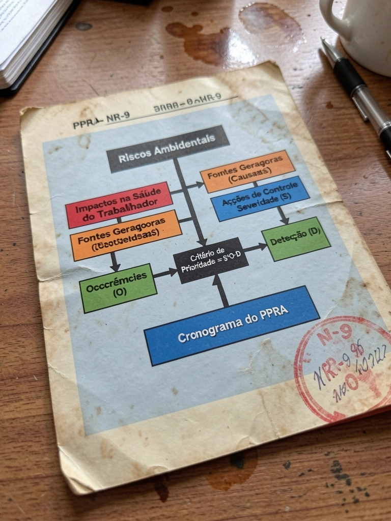 Documento antigo de segurança do trabalho com carimbo da NR-9 sobre a mesa.