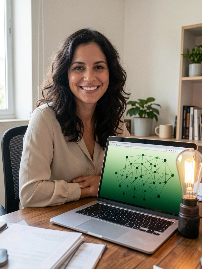 Profissional de negócios usando laptop com lâmpada de ideias acesa ao lado