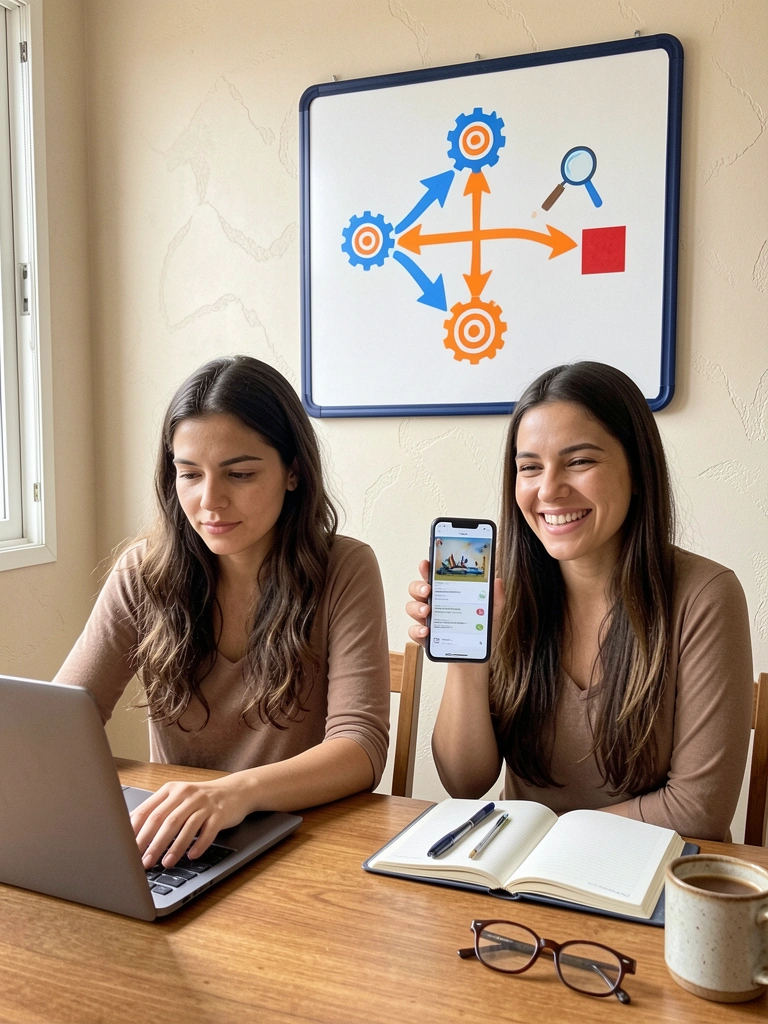 Duas pessoas em uma mesa, uma digitando em um laptop e a outra observando a tela com atenção.